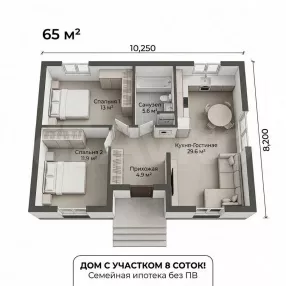Дом 65 м² на участке 8 сот.